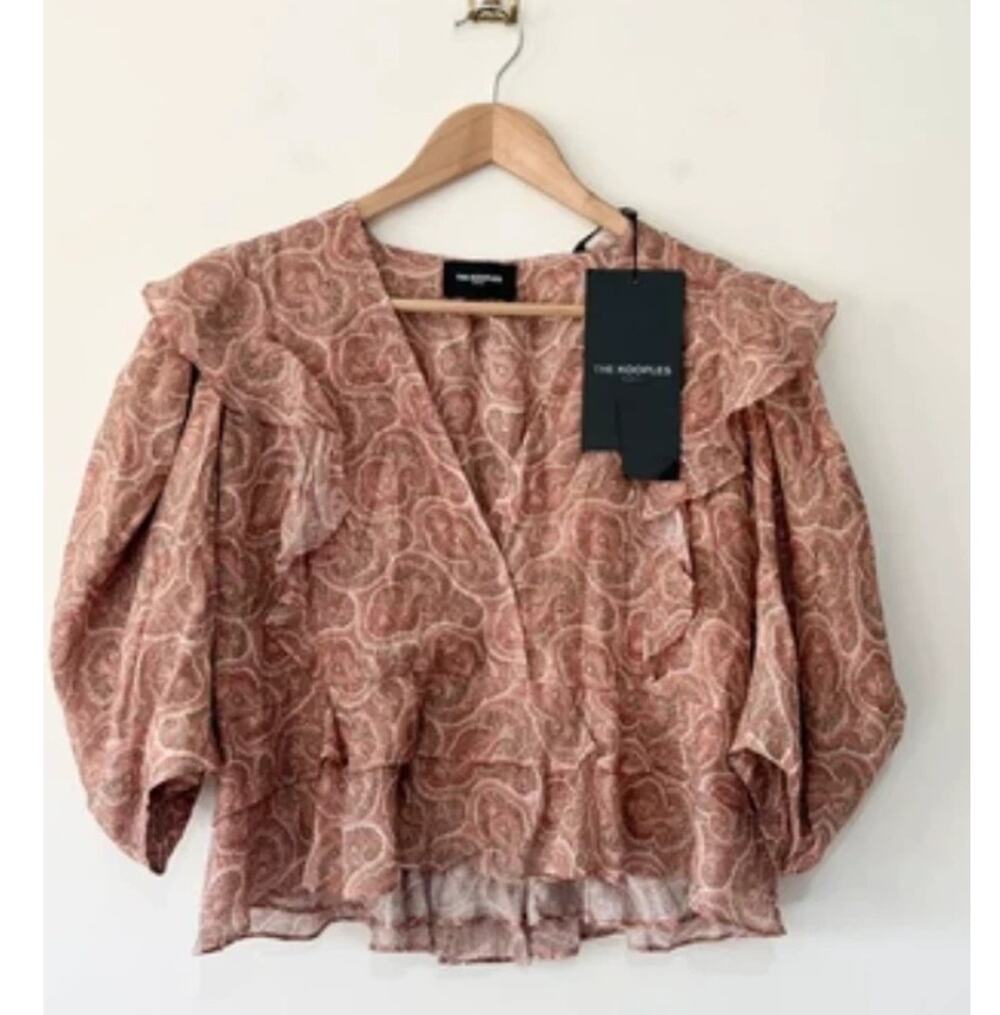 The Kooples Silk Crop Top Pink Paisley Ruffle V-Neck Blouse XL